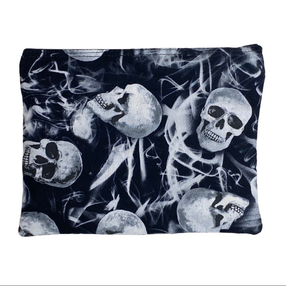 Handmade: Skull Printed Zip Top Makeup Bag ☻︎ Halloween ☻ Black + White ☻ - Picture 3 of 11
